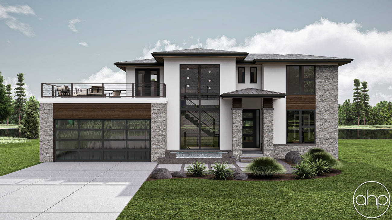 4 Bedroom 1.5 Story Modern Prairie House Plan with Party Deck over Garage | Summit